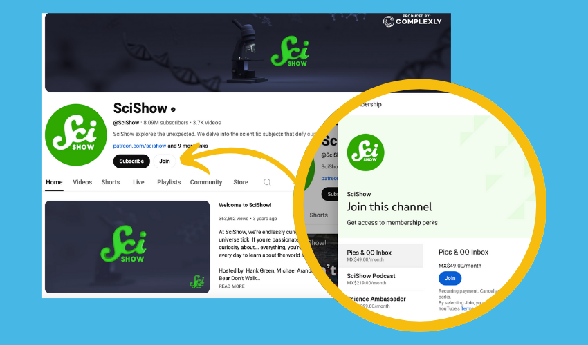 The SciShow YouTube channel offers a three-tier paid membership for users to enjoy exclusive perks.